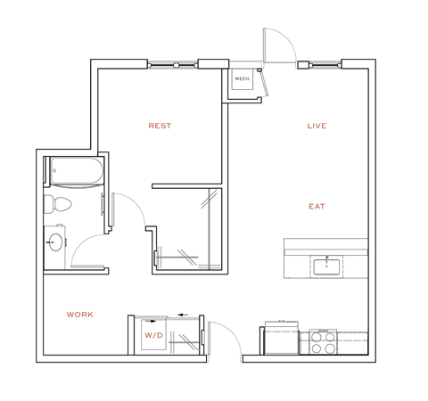 A floor plan of a small apartment with labeled rooms.